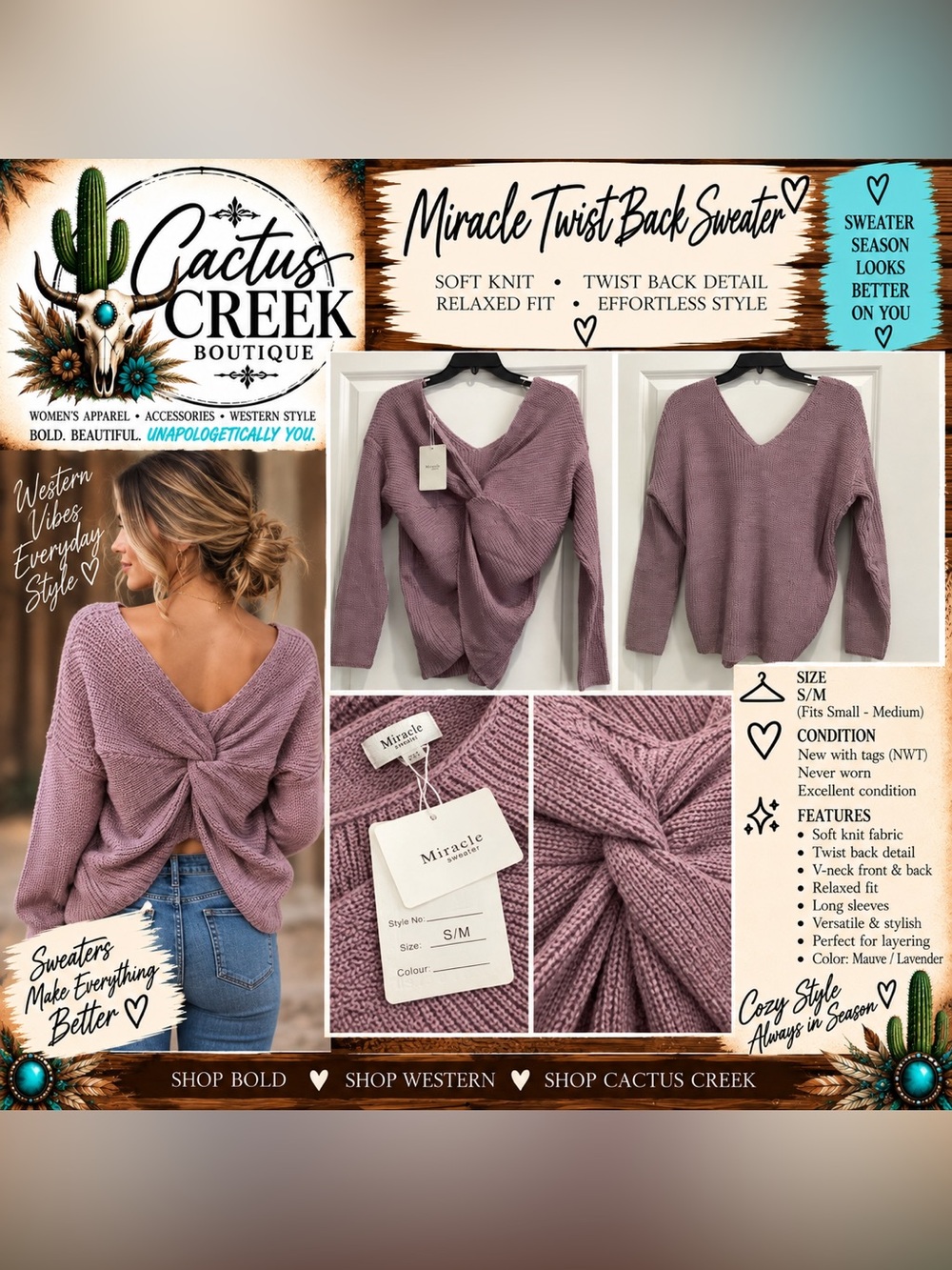 Miracle Women's Dusty Purple V-Neck Sweater - NWT  - Size S/M